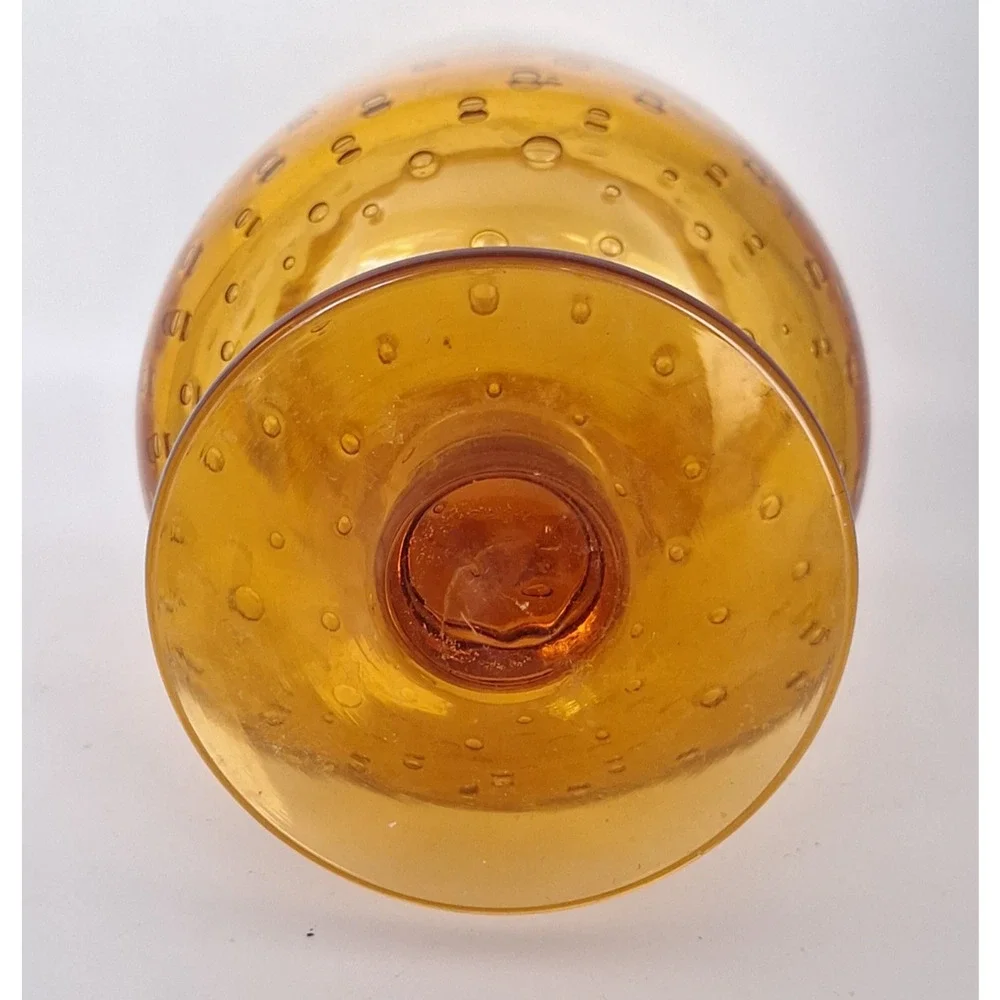 Vintage Amber Controlled Bubble Art Glass Pedestal Vase Applied Rigaree 1960s